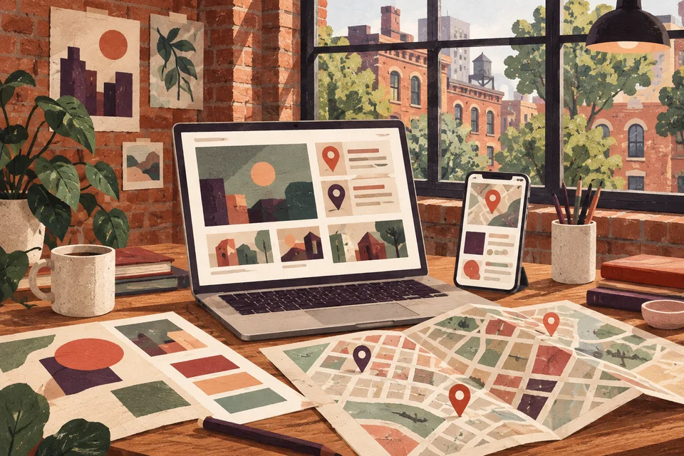 Concept illustration of website planning on a laptop and phone in a brick studio