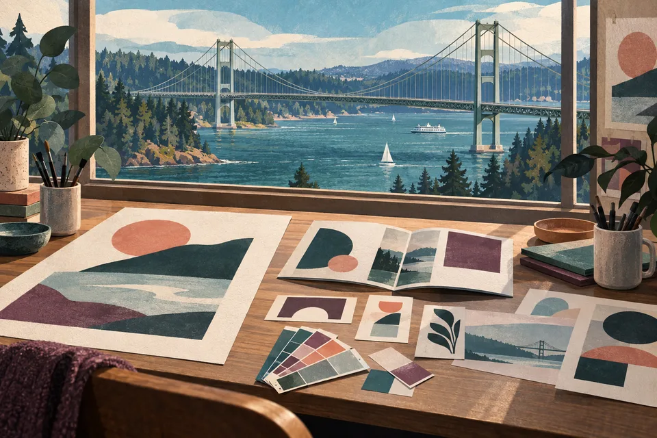 Conceptual graphic design materials with Tacoma Narrows suspension bridge beyond
