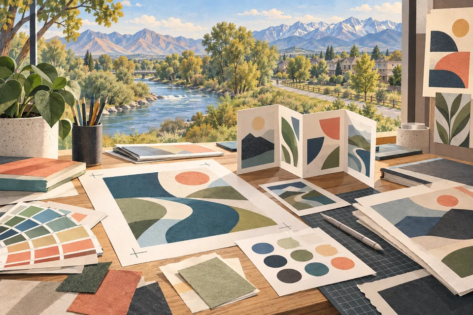 Conceptual graphic design materials overlooking a Taylorsville-inspired river corridor
