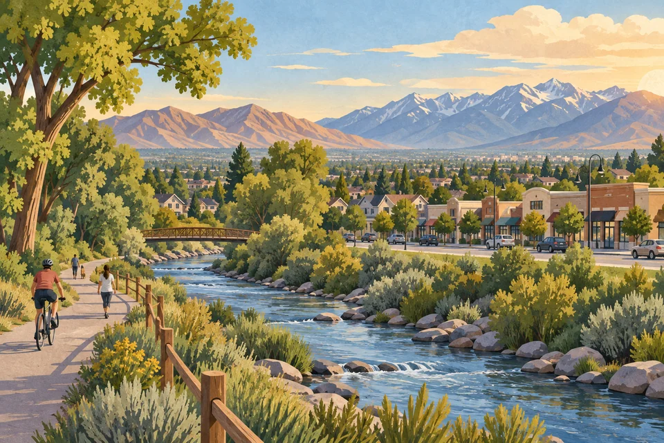 Conceptual Taylorsville neighborhoods, commercial corridor, Jordan River trail and mountains