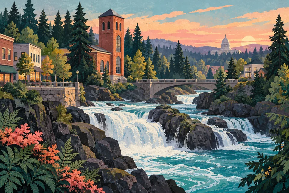Conceptual Tumwater river falls, commercial street and historic industrial tower