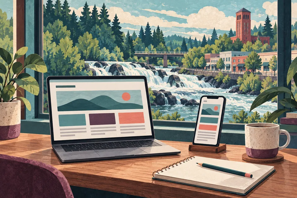 Conceptual web design desk overlooking a Tumwater river and historic district