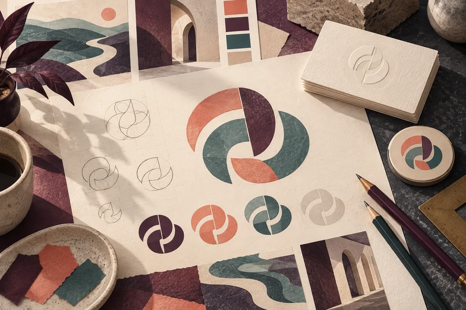Concept illustration of abstract identity sketches and one-color mark studies