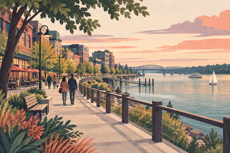 Concept illustration of an imagined urban riverfront with a promenade and varied buildings