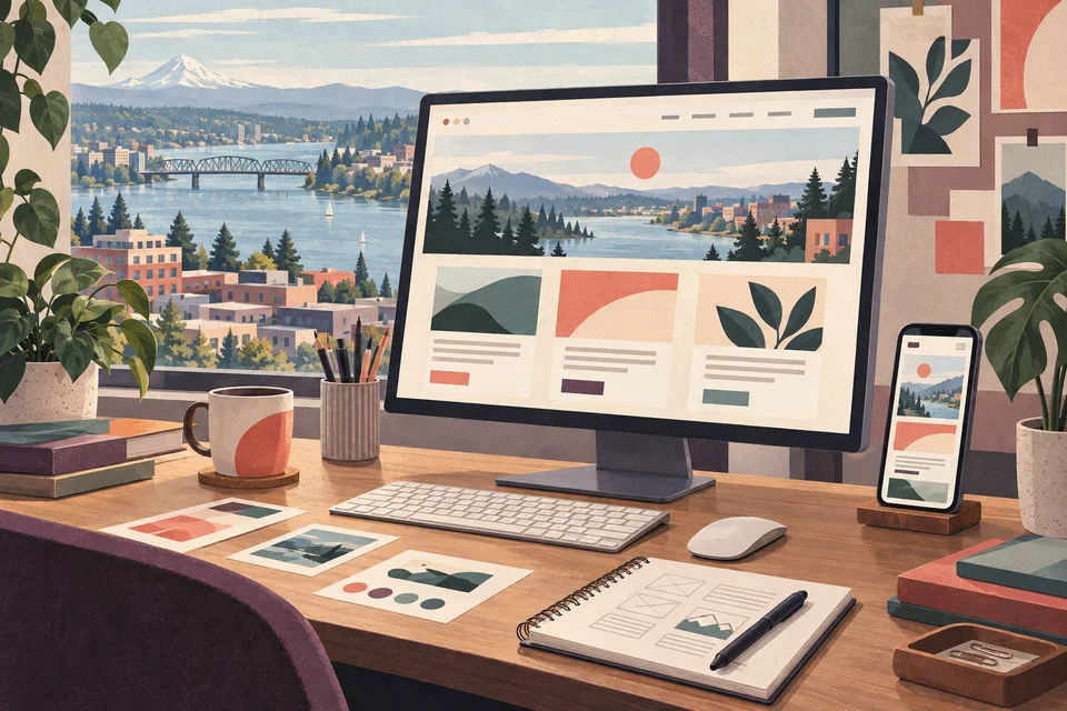 Concept illustration of a monitor and phone displaying website layouts beside a riverfront window