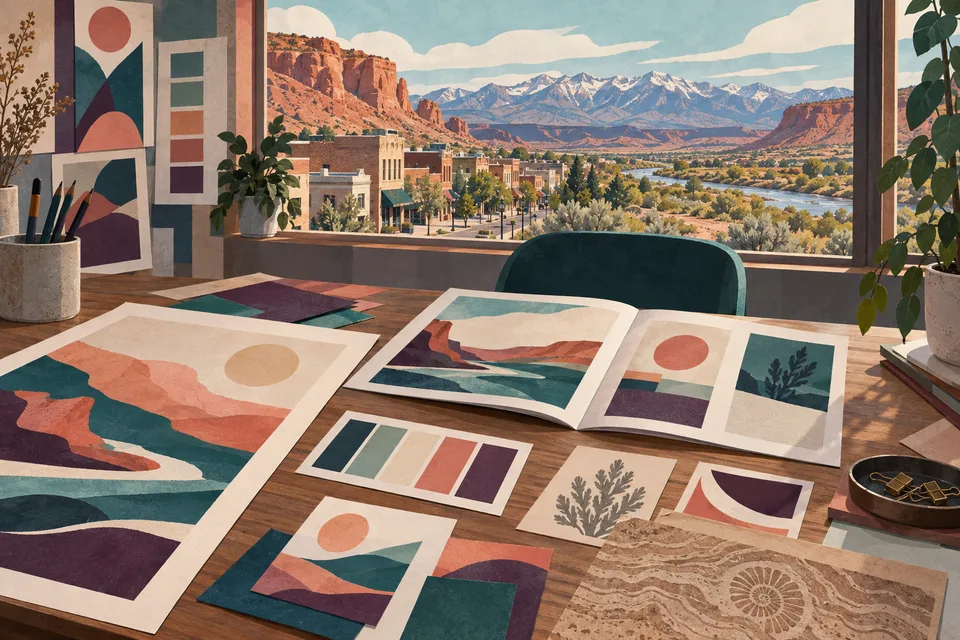 Conceptual graphic design materials overlooking Vernal downtown and high desert