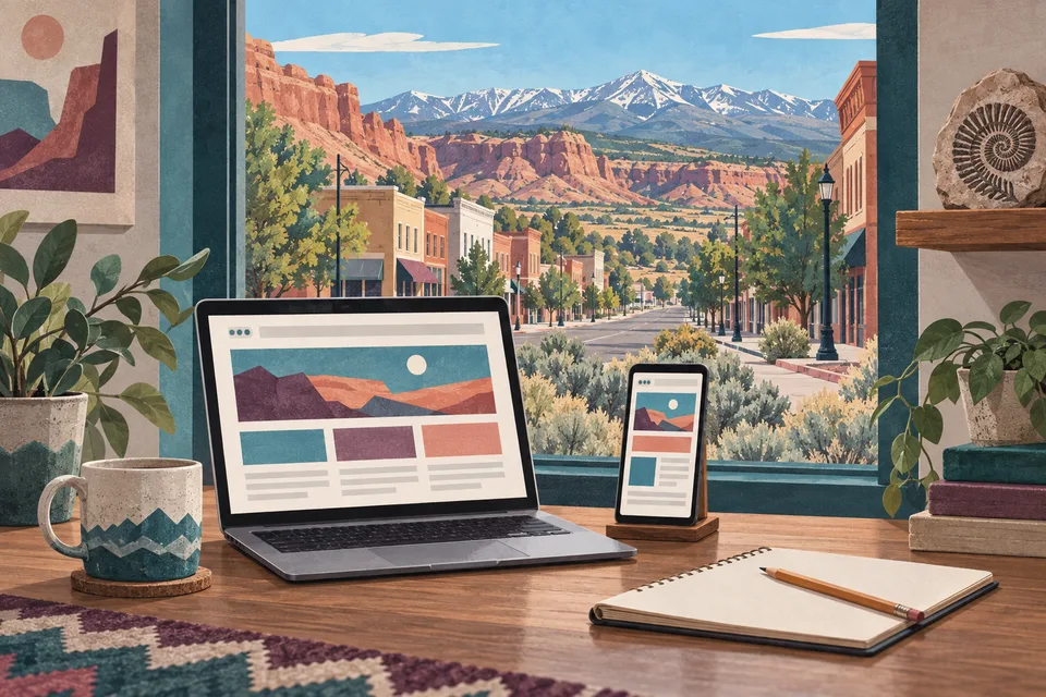 Conceptual web design desk overlooking Vernal downtown and high desert