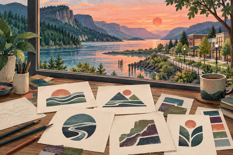 Conceptual identity sketches overlooking the Columbia River and Gorge