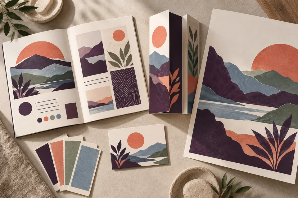 Conceptual capabilities booklet, promotional cards, poster, and color swatches arranged on ivory paper