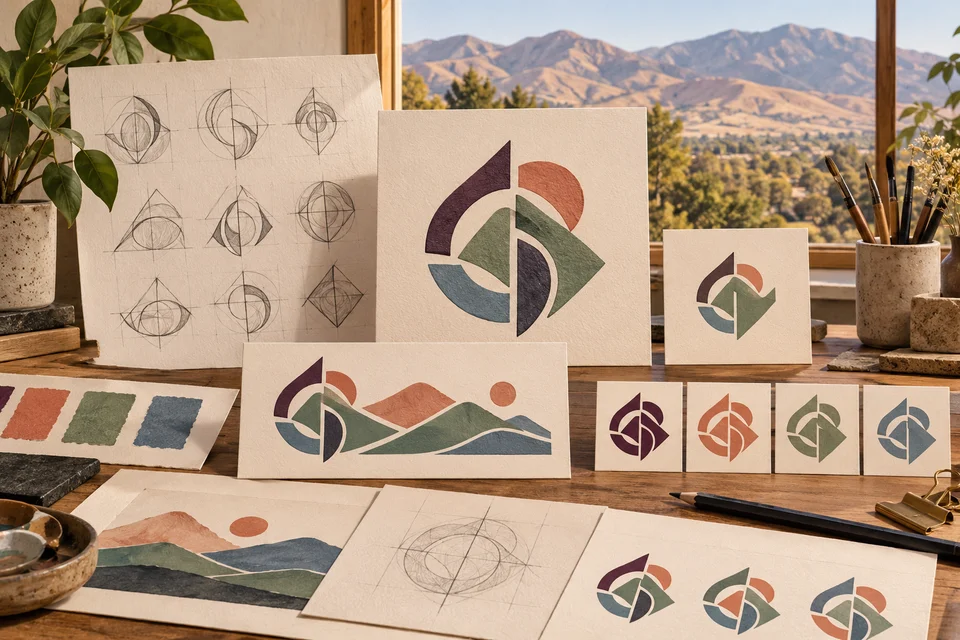 Conceptual geometric identity board with pencil sketches, a stamp, and compact and horizontal arrangements