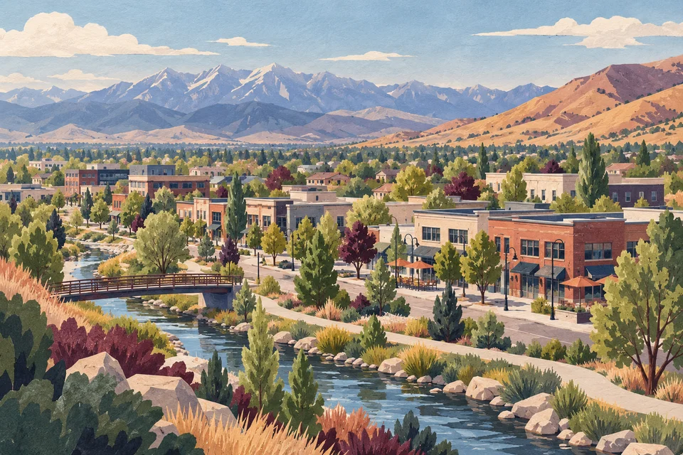 Conceptual neighborhood shops, workshops, river path, and distant foothills inspired by the Salt Lake Valley