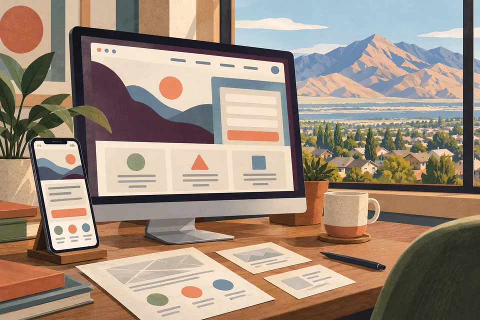 Conceptual web planning desk with a monitor, phone, wireframes, and a valley neighborhood beyond