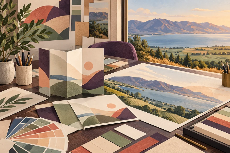 Conceptual printed materials and color samples on a designer’s desk