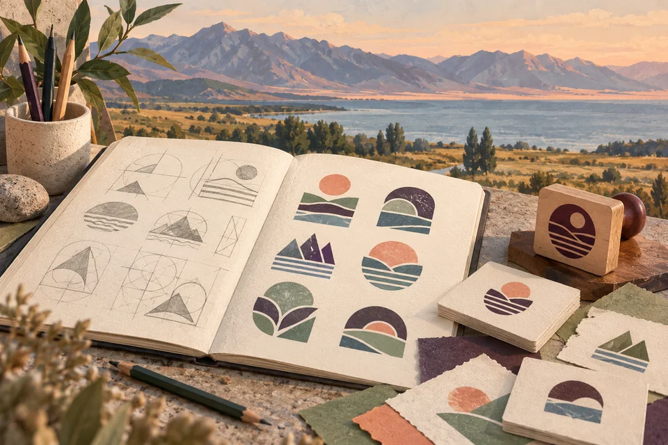 Conceptual geometric identity sketches, cards, and a stamp on a studio desk