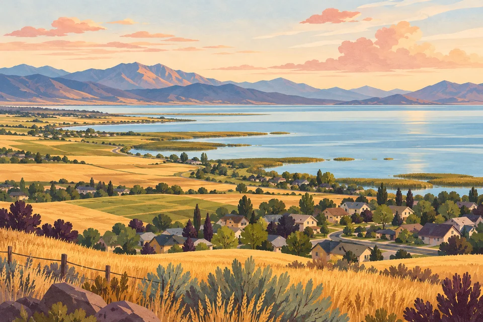 Conceptual agricultural fields, neighborhood roofs, and a lake inspired by West Point’s setting
