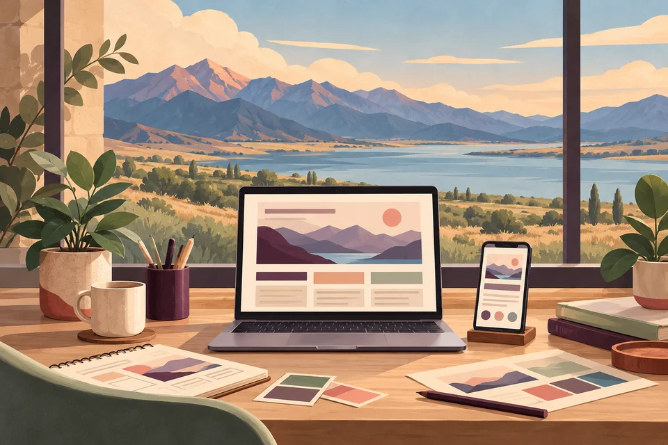 Conceptual website planning desk with laptop and phone beside a lake and farmland view